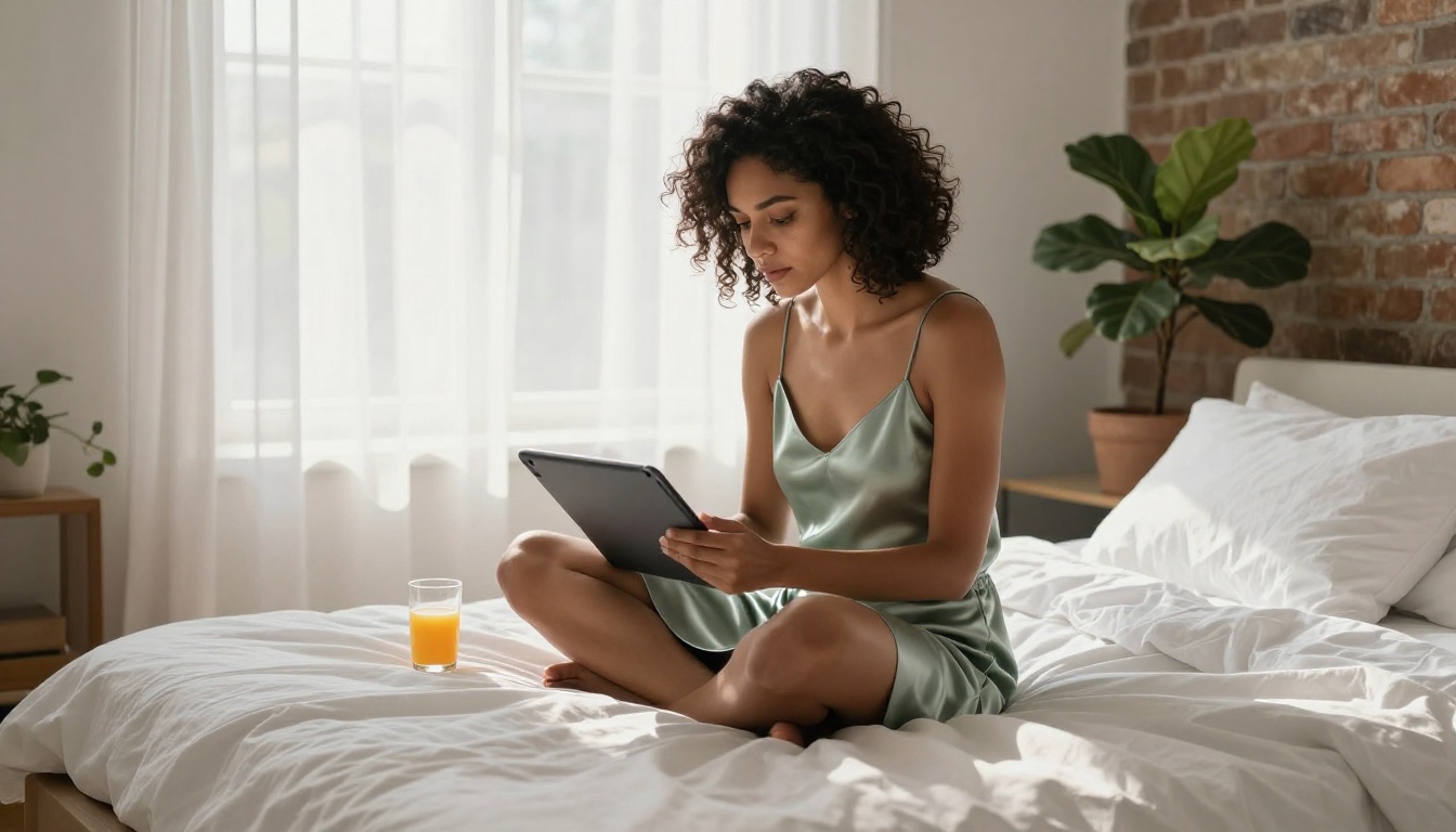 Woman with olive skin and dark curly hair in sage satin slip dress reading tablet in morning window light on white bed Woman with olive skin and dark curly hair in sage satin slip dress reading tablet in morning window light on white bed