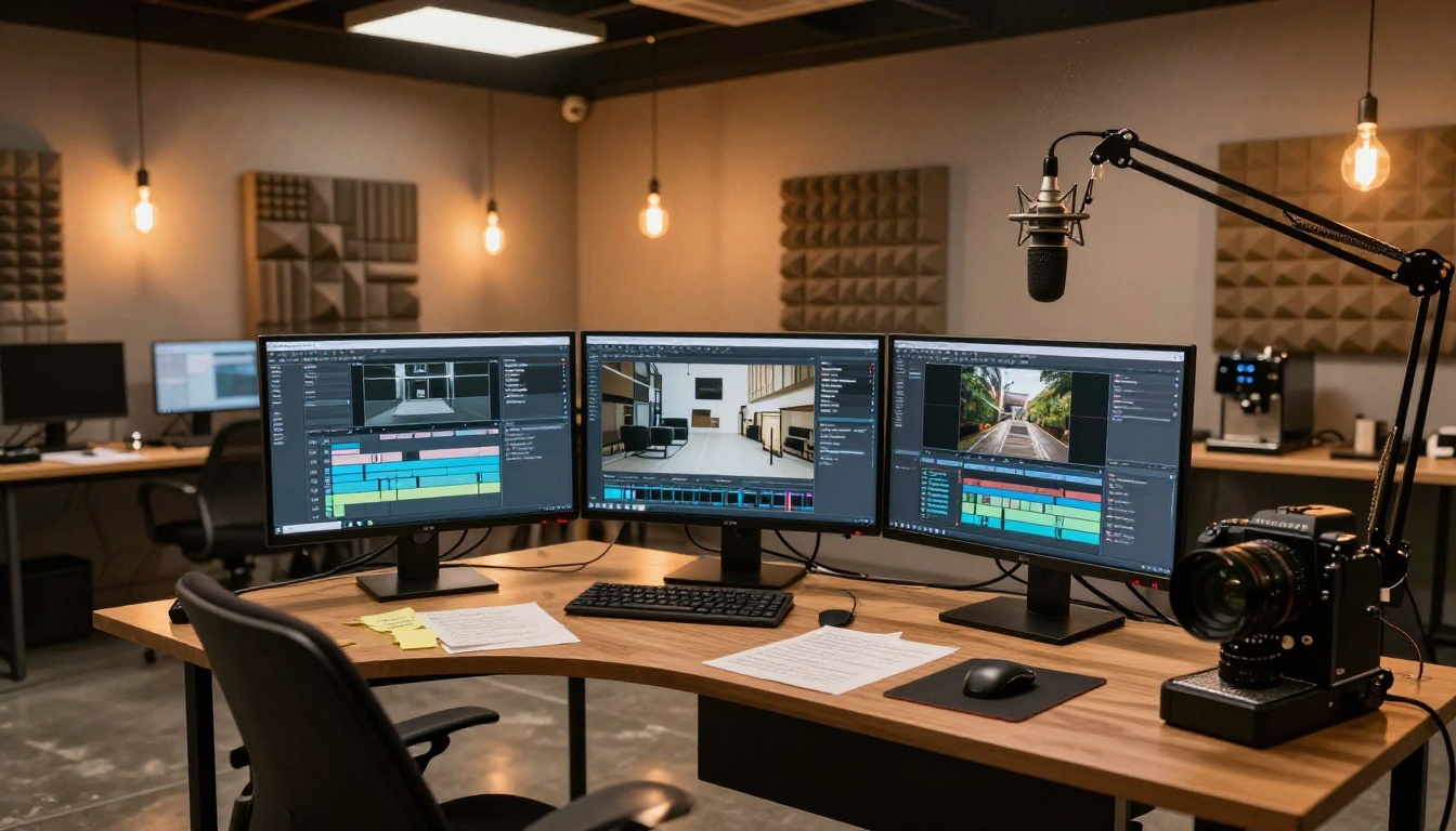 Modern content creation studio interior with multiple AI video interface screens glowing on monitors
