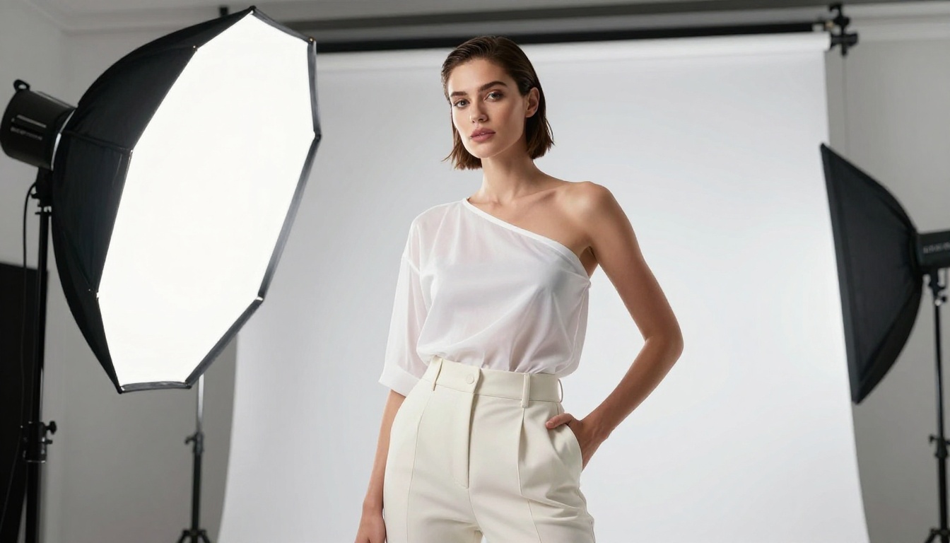 Studio fashion photograph, clean white backdrop, professional softbox lighting, photorealistic portrait rendering Studio fashion photograph, clean white backdrop, professional softbox lighting, photorealistic portrait rendering