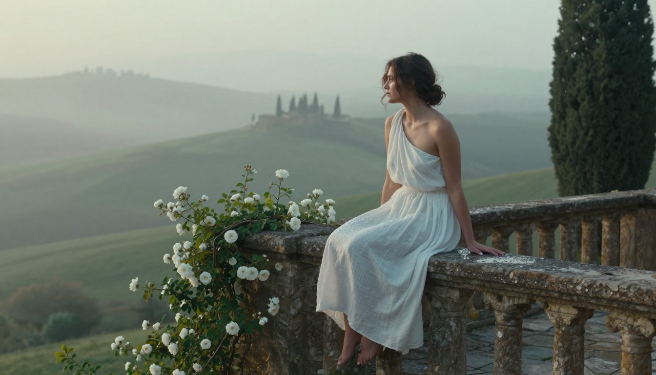 Tuscany hilltop villa terrace at sunrise, flowing white dress, atmospheric misty landscape, photorealistic outdoor portrait Tuscany hilltop villa terrace at sunrise, flowing white dress, atmospheric misty landscape, photorealistic outdoor portrait