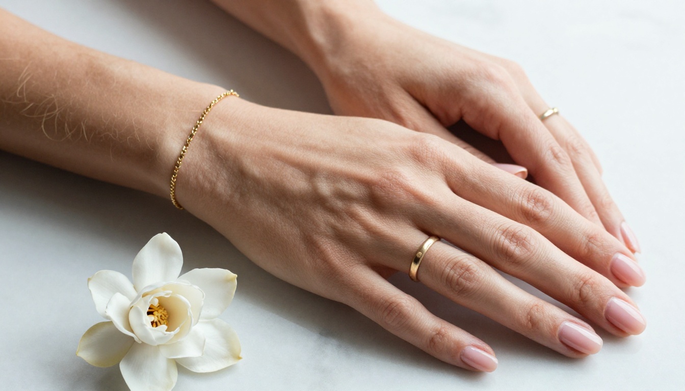 Hyper-detailed macro photograph of hands adorned with gold jewelry on white marble, extraordinary skin texture detail Hyper-detailed macro photograph of hands adorned with gold jewelry on white marble, extraordinary skin texture detail