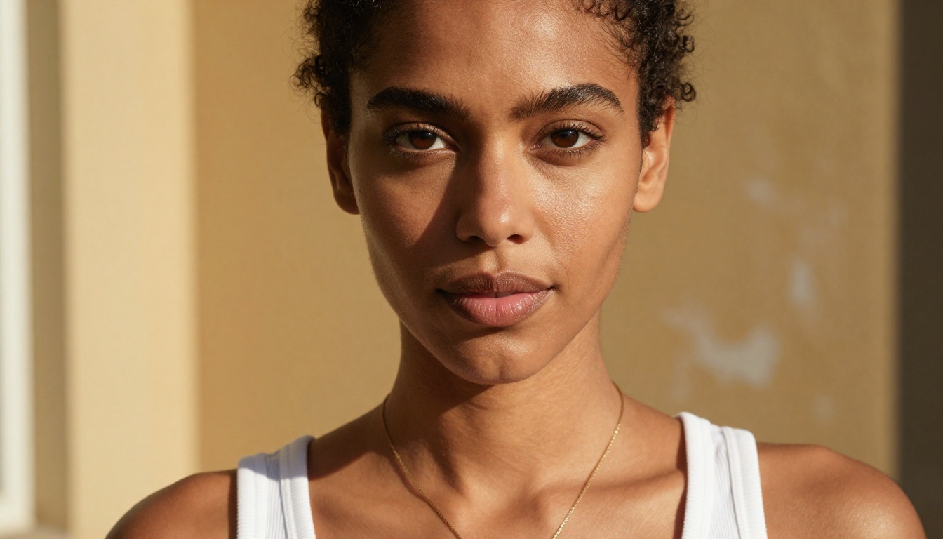 Close-up portrait of woman with deep brown skin and magnetic gaze in natural afternoon light Close-up portrait of woman with deep brown skin and magnetic gaze in natural afternoon light