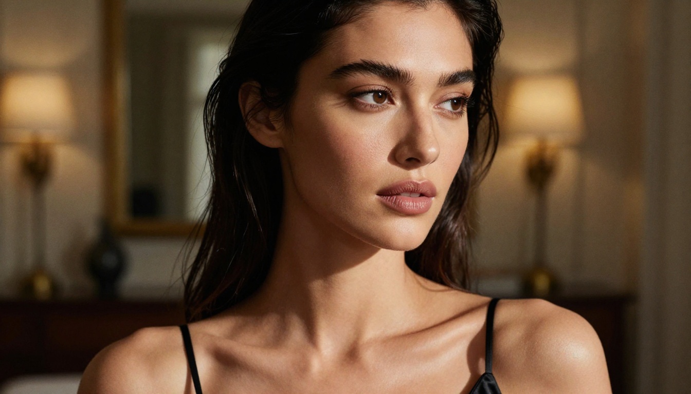 Close-up glamour portrait with dramatic Rembrandt lighting, black silk spaghetti-strap top, luxury apartment background