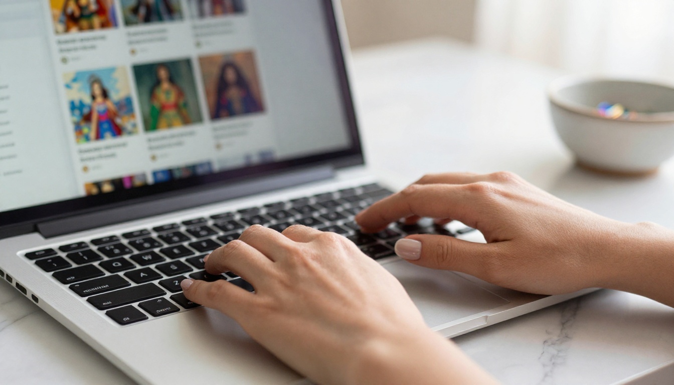 Close-up of a woman's hands typing a prompt on a laptop keyboard with marble desk surface Close-up of a woman's hands typing a prompt on a laptop keyboard with marble desk surface