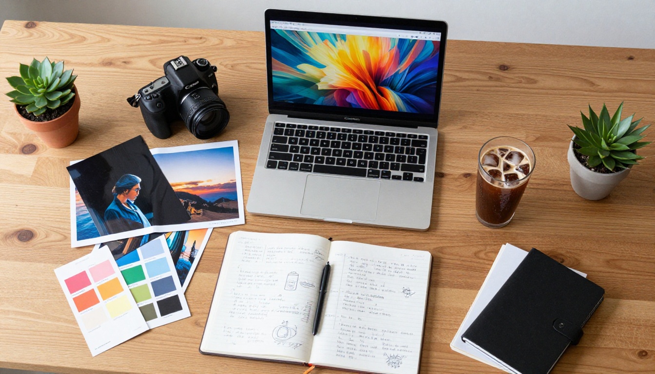Flat-lay aerial view of a creative designer's workspace with laptop, camera, printed photos and coffee Flat-lay aerial view of a creative designer's workspace with laptop, camera, printed photos and coffee