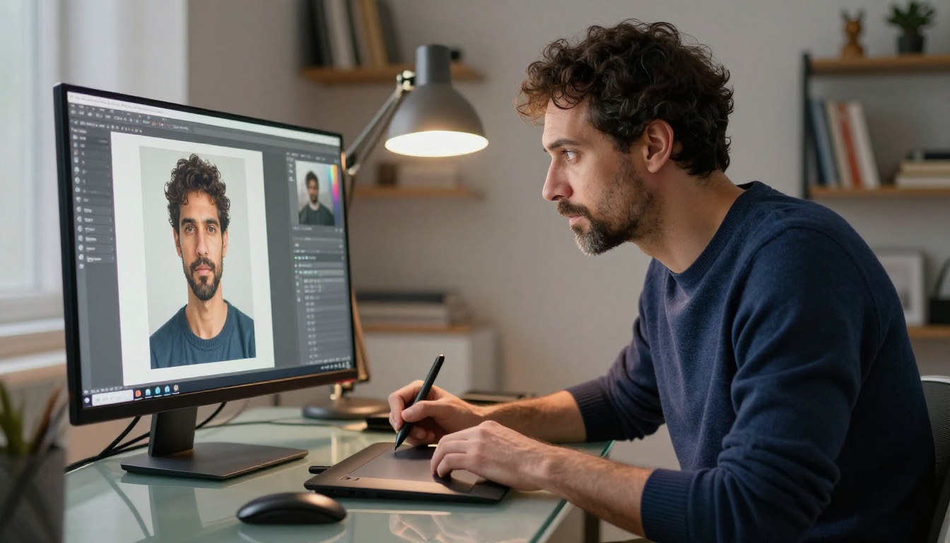 Designer comparing AI-generated images on a large monitor in a creative studio Designer comparing AI-generated images on a large monitor in a creative studio