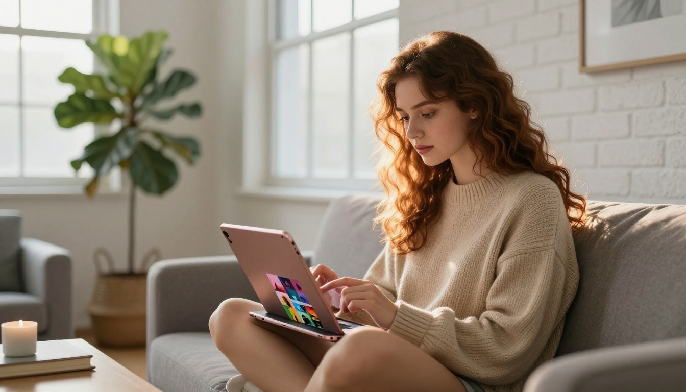 Young woman with auburn hair browsing AI-generated artwork on an iPad on a grey sofa Young woman with auburn hair browsing AI-generated artwork on an iPad on a grey sofa
