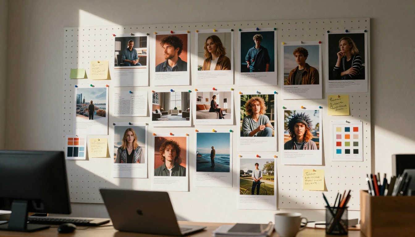 Creative studio mood board wall with printed AI-generated images pinned with colorful pushpins Creative studio mood board wall with printed AI-generated images pinned with colorful pushpins