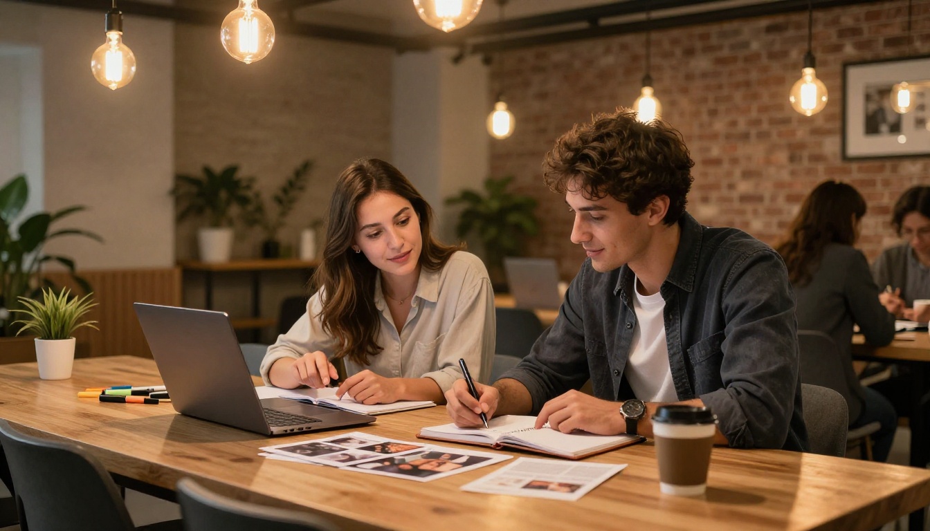 Two creative professionals collaborating over a laptop at a wooden table in a co-working space Two creative professionals collaborating over a laptop at a wooden table in a co-working space