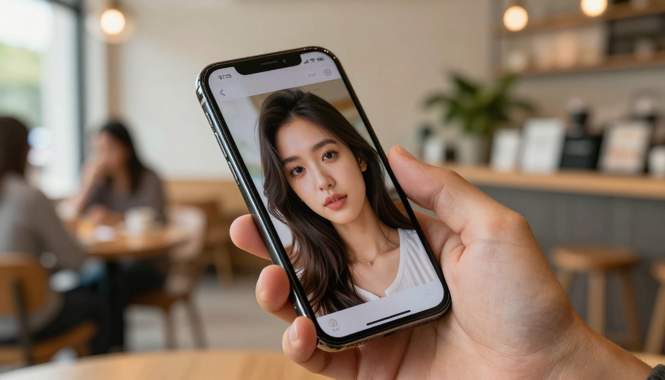 Person holding a smartphone showing a photorealistic AI-generated portrait in a mobile app Person holding a smartphone showing a photorealistic AI-generated portrait in a mobile app