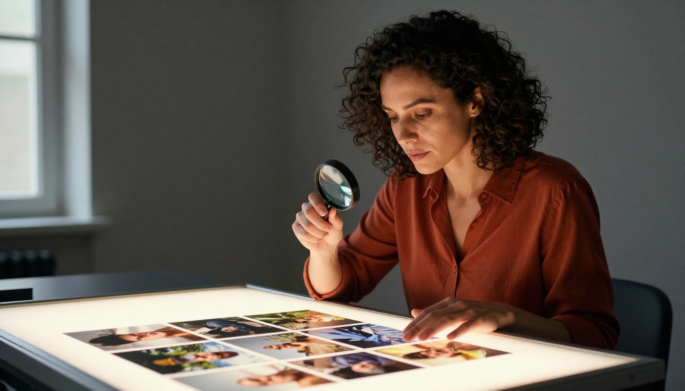 Professional photographer examining a contact sheet of AI-generated images on a light table Professional photographer examining a contact sheet of AI-generated images on a light table