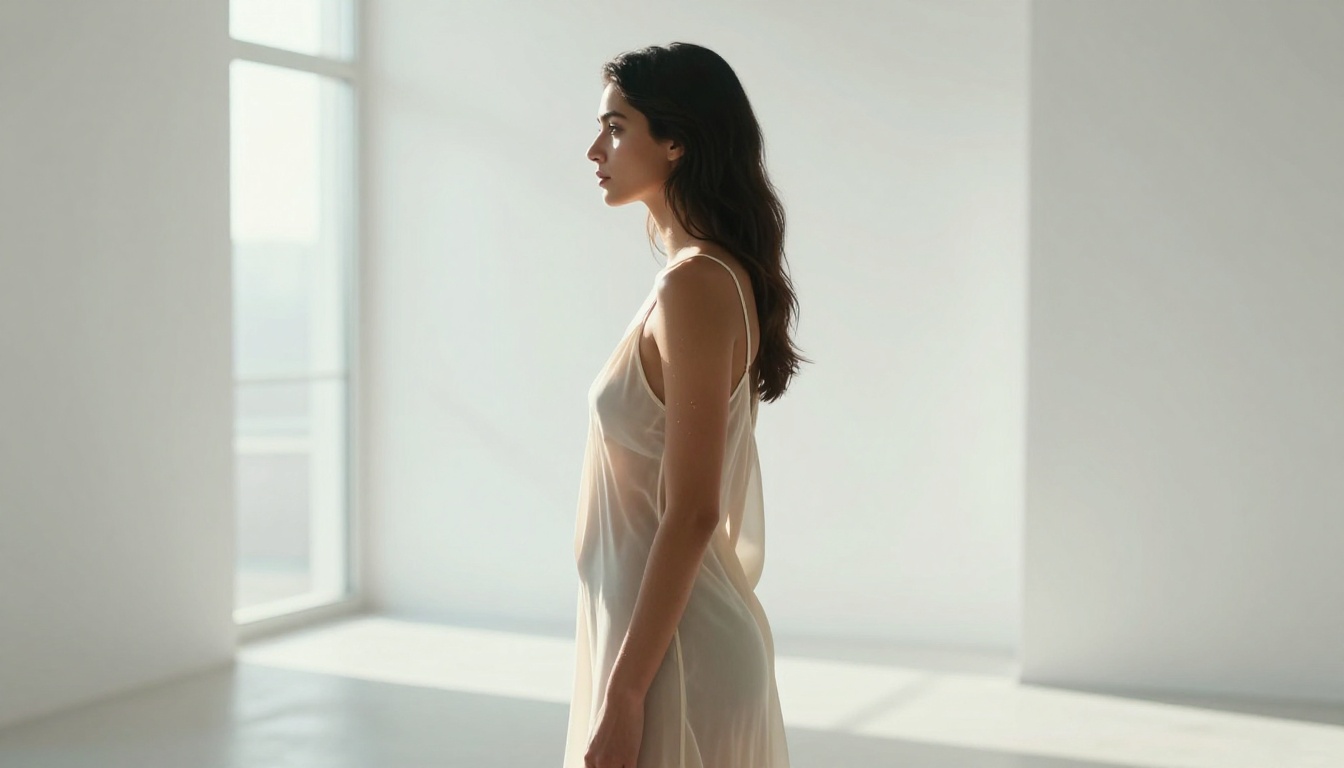 Woman in sheer ivory slip dress in minimalist studio with floor-to-ceiling windows