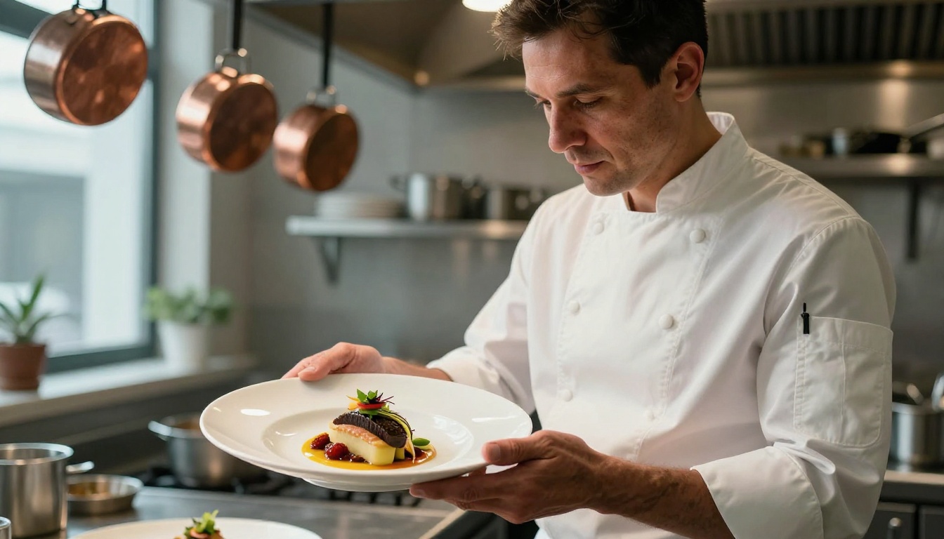 Male chef in a professional restaurant kitchen holding a beautifully plated fine-dining dish, natural window light from the left, Kodak Portra 400 film grain Male chef in a professional restaurant kitchen holding a beautifully plated fine-dining dish, natural window light from the left, Kodak Portra 400 film grain