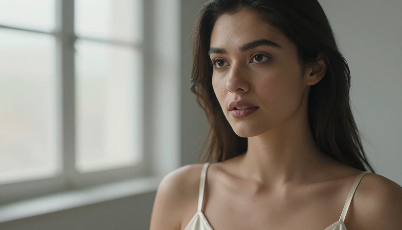 Intimate close-up portrait of brunette woman in ivory camisole, natural window light