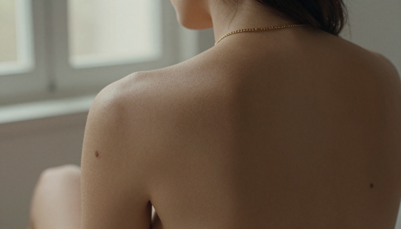 Close-up of woman's bare caramel-skinned back with gold chain, directional window light