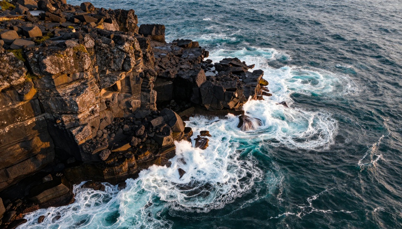 Aerial drone photography of dramatic coastal cliffs with turquoise ocean waves crashing against volcanic rock, golden hour side-lighting, photorealistic 8k Aerial drone photography of dramatic coastal cliffs with turquoise ocean waves crashing against volcanic rock, golden hour side-lighting, photorealistic 8k