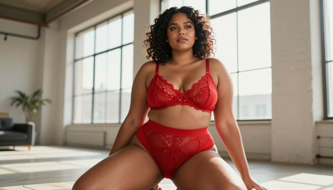 Fashion editorial of confident woman with dark curly hair in red lace bralette, loft studio
