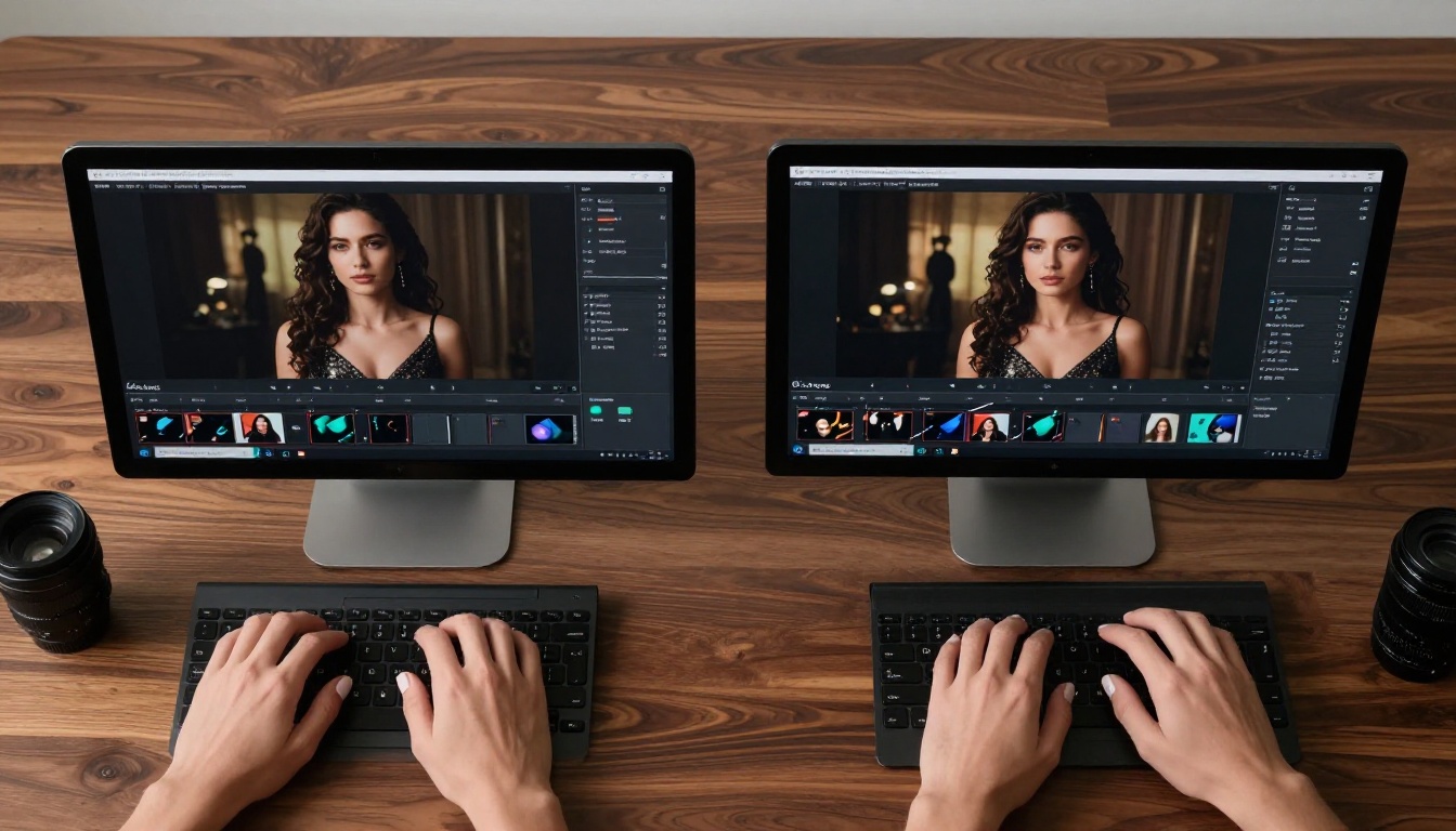 Side-by-side laptop screens showing AI video generation interface comparison