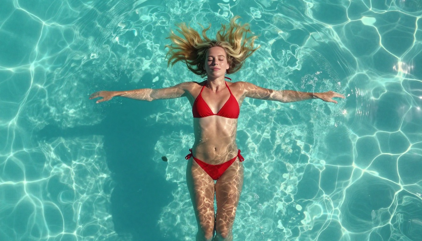 Aerial view of woman floating in turquoise pool, water caustics in sunlight Aerial view of woman floating in turquoise pool, water caustics in sunlight