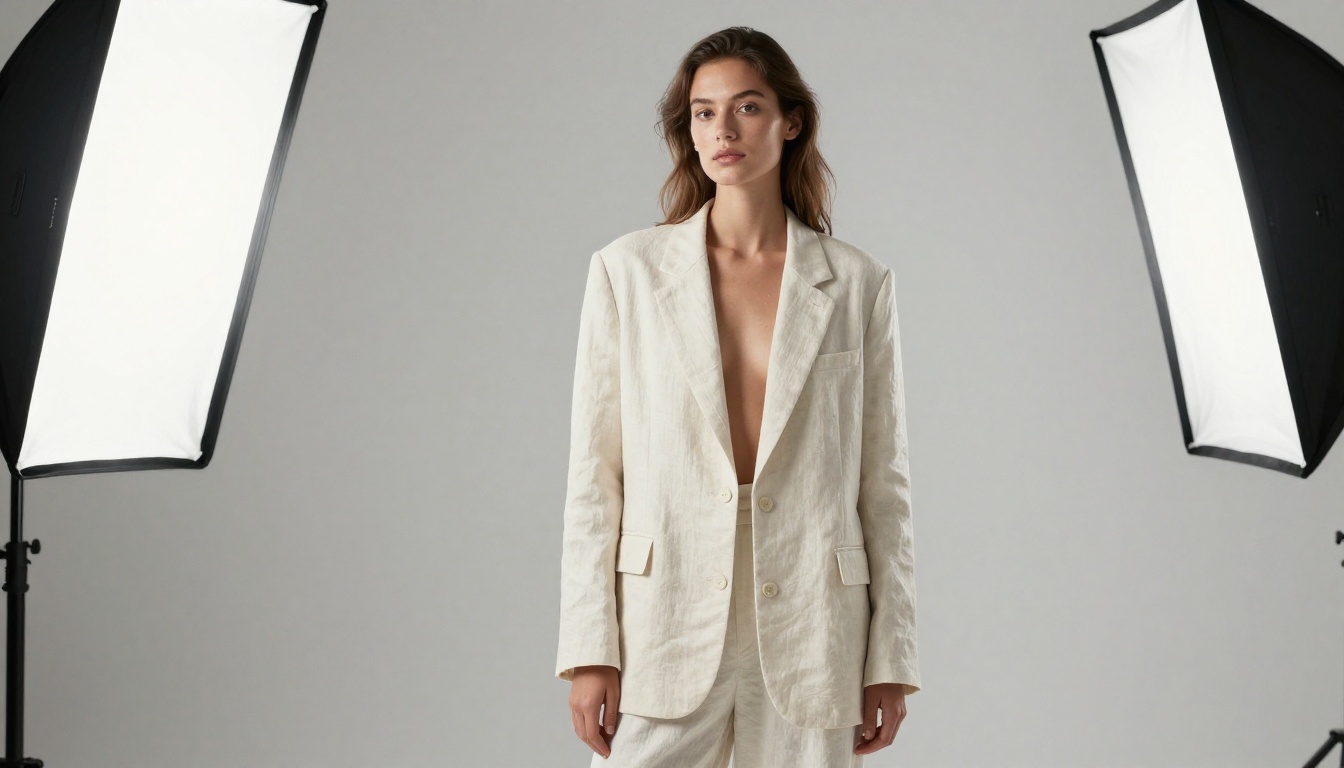 Female fashion model in a clean white photography studio wearing structured linen blazer, high-key soft diffused studio lighting from two softboxes, 85mm f/2.8, photorealistic 8k Female fashion model in a clean white photography studio wearing structured linen blazer, high-key soft diffused studio lighting from two softboxes, 85mm f/2.8, photorealistic 8k