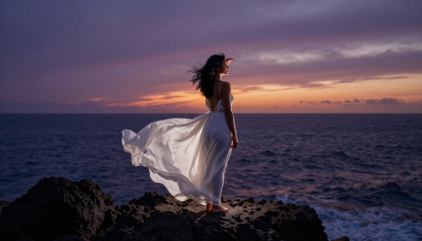 Woman on sea cliff at dusk, white dress billowing in ocean breeze Woman on sea cliff at dusk, white dress billowing in ocean breeze