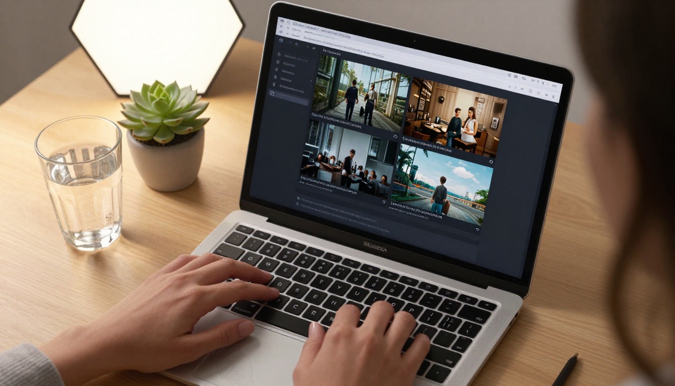Close-up of hands typing on MacBook with AI video generation interface on screen