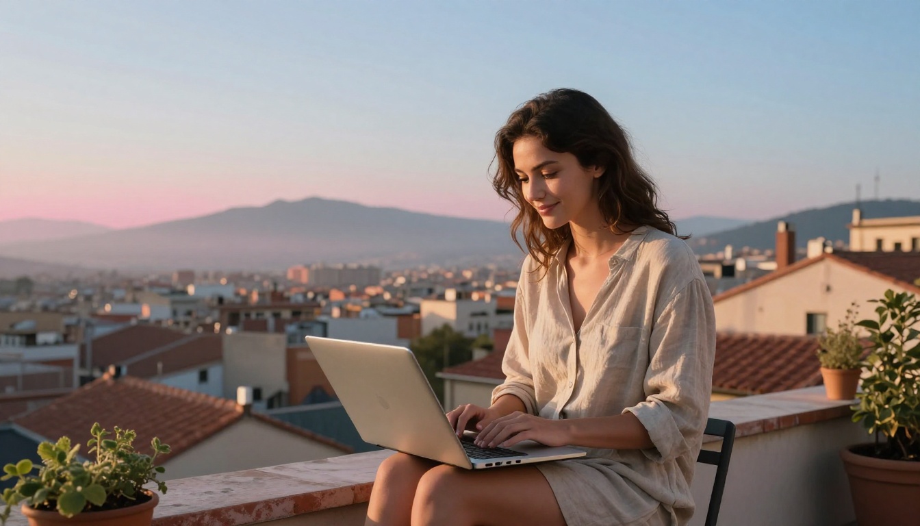 Young woman using a laptop on a Barcelona rooftop terrace at sunrise, soft pink and amber morning light, terracotta cityscape background, 50mm f/2.0, Kodak Portra 400 Young woman using a laptop on a Barcelona rooftop terrace at sunrise, soft pink and amber morning light, terracotta cityscape background, 50mm f/2.0, Kodak Portra 400