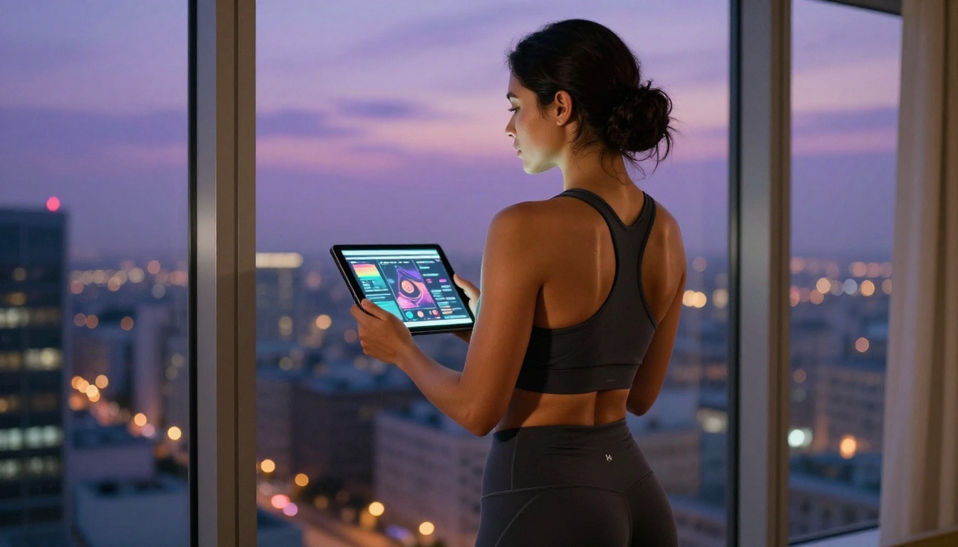 Woman holding tablet near city window at twilight, professional and aspirational scene