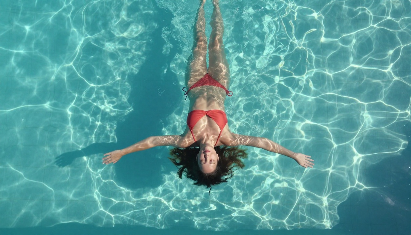 Aerial overhead shot of woman in coral bikini floating in crystal-clear pool, summer mood