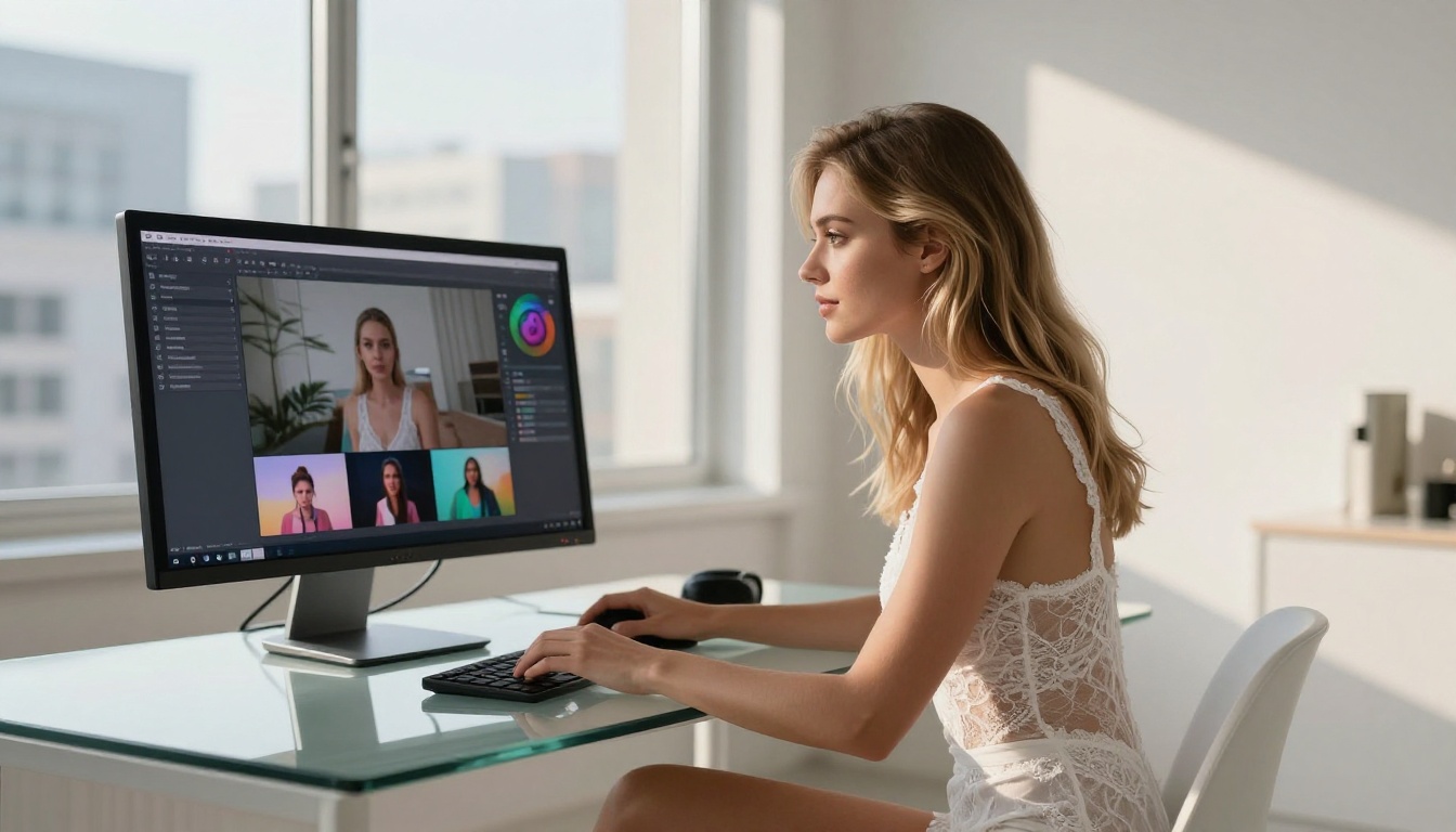 Woman using AI platform at glass desk with morning light