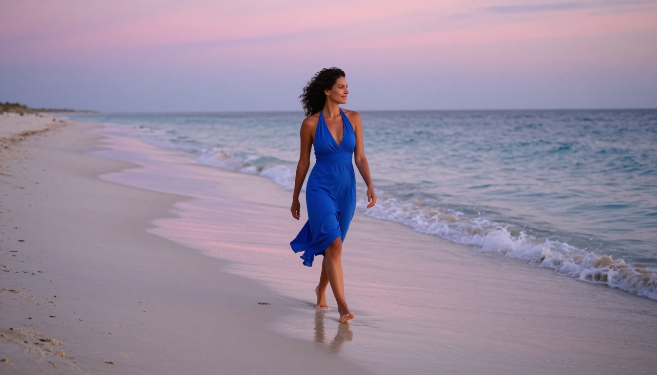 Woman in cobalt blue sundress walking along white-sand beach at magic hour Woman in cobalt blue sundress walking along white-sand beach at magic hour