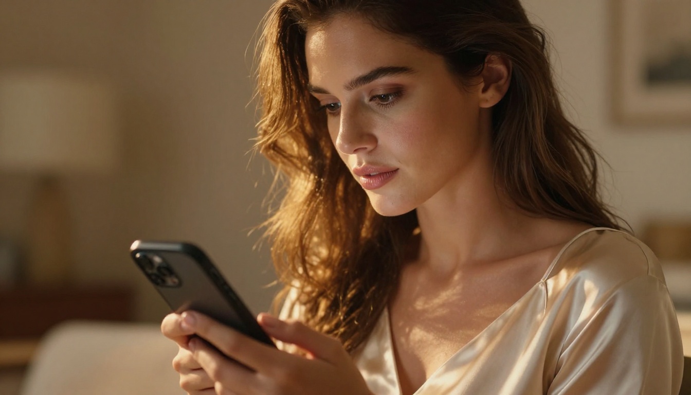 Confident brunette woman in satin slip dress holding phone, backlit golden hour Confident brunette woman in satin slip dress holding phone, backlit golden hour