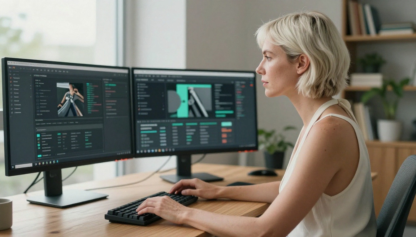 Woman with platinum hair at dual monitor workstation in bright studio Woman with platinum hair at dual monitor workstation in bright studio