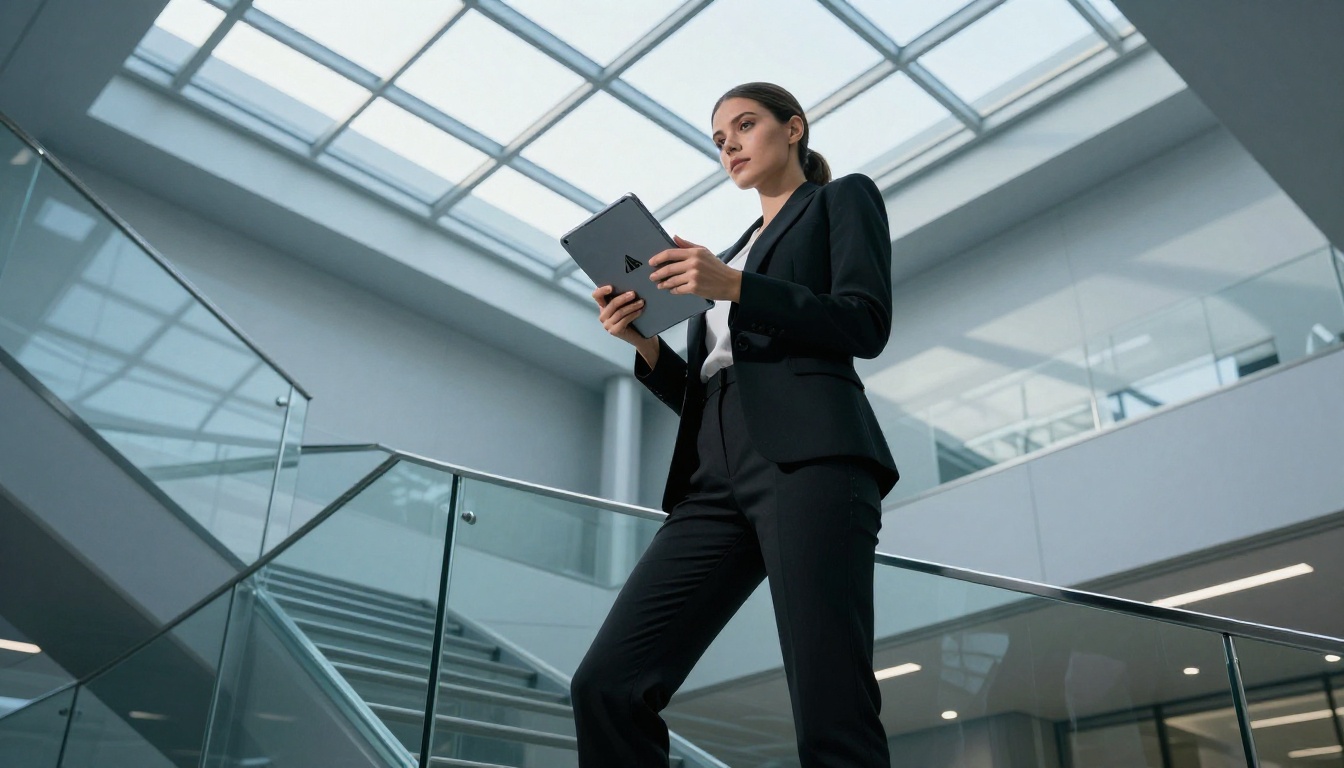 Confident woman on glass staircase in tech office, low angle shot