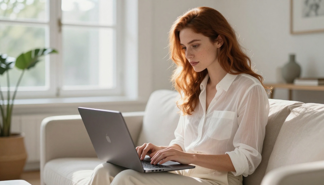 Woman with auburn hair on couch with laptop showing AI settings
