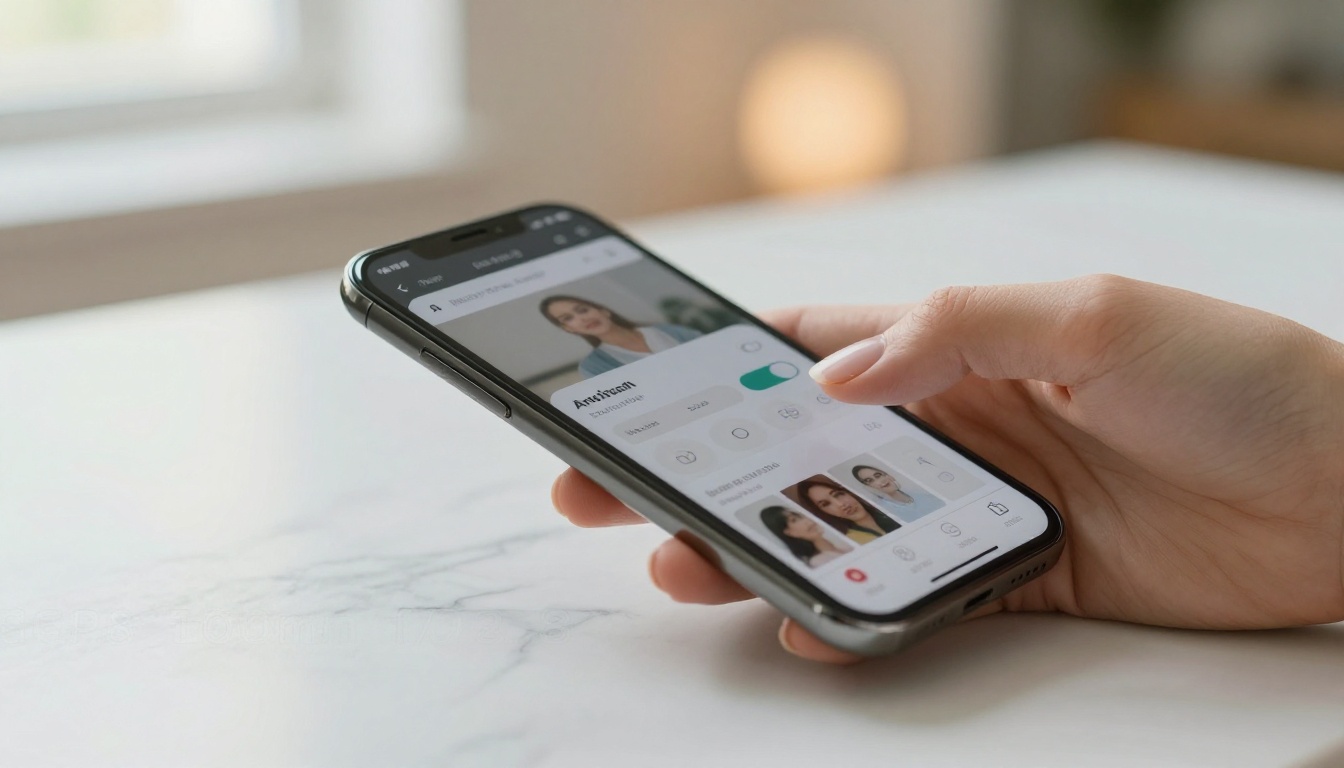 Close-up of elegant hands scrolling AI platform on smartphone on marble