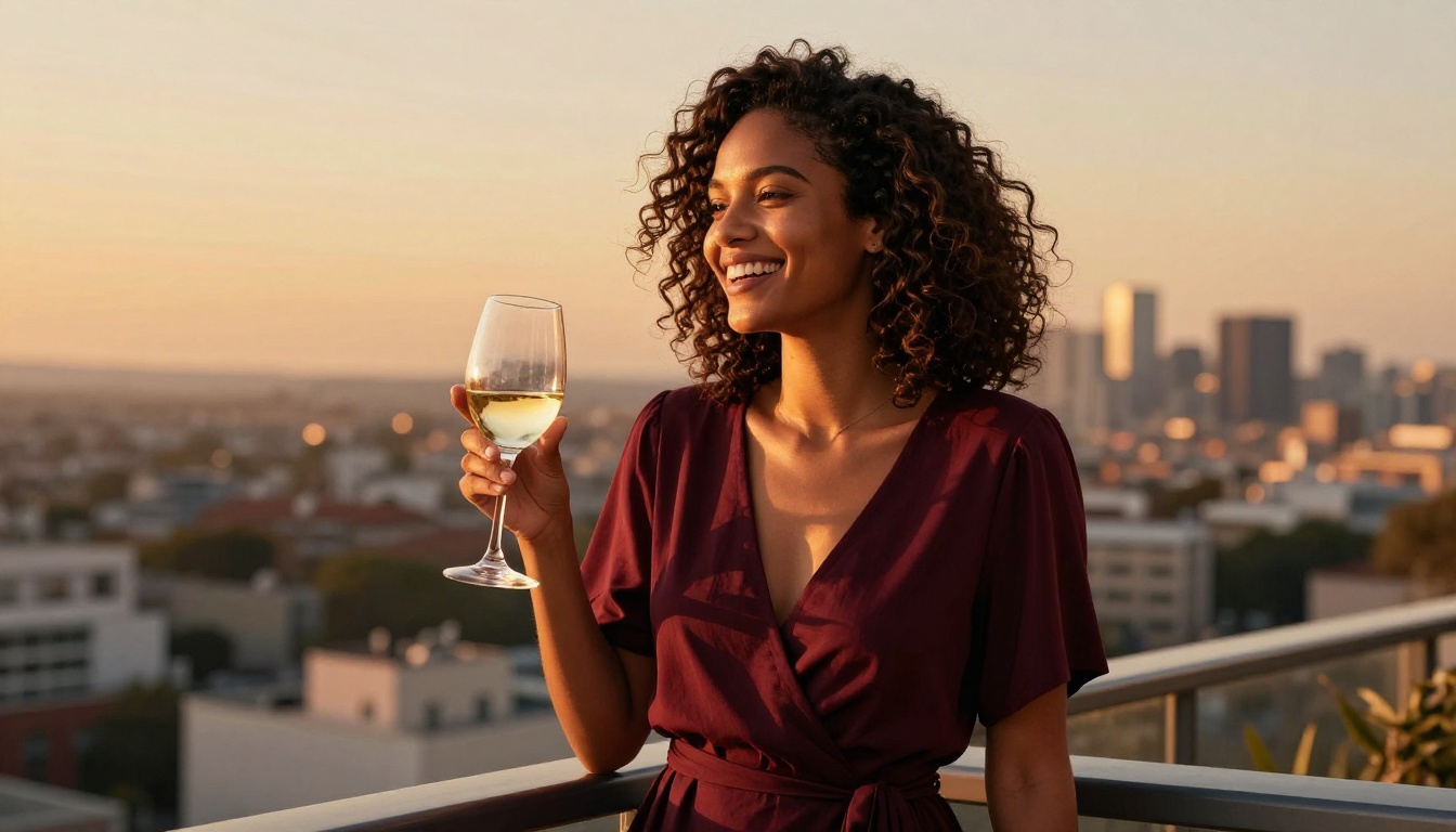 Beautiful woman in burgundy dress laughing on city balcony at golden sunset Beautiful woman in burgundy dress laughing on city balcony at golden sunset