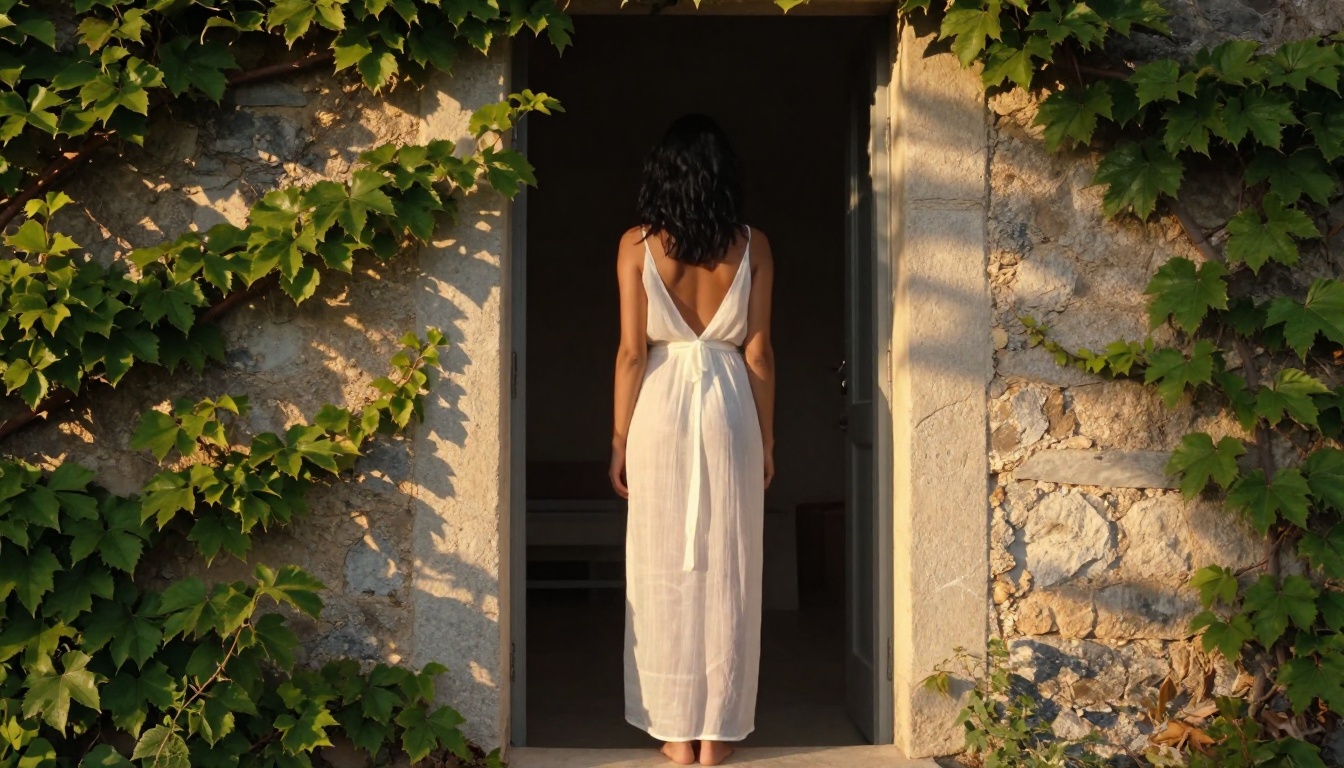 Tall woman with olive skin backlit in a stone villa doorway, sheer white linen dress, golden afternoon light, photorealistic