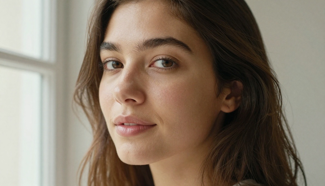 Photorealistic portrait showing fine skin detail and natural window lighting