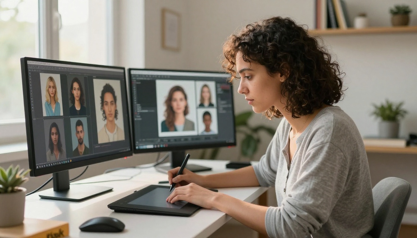 Creative professional reviewing AI-generated images on dual monitors in a home studio