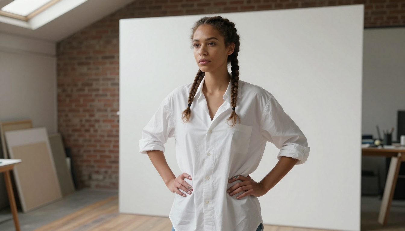 Woman with golden-brown skin in a loft studio wearing an open white shirt, soft north-facing skylight illumination, photorealistic editorial photography