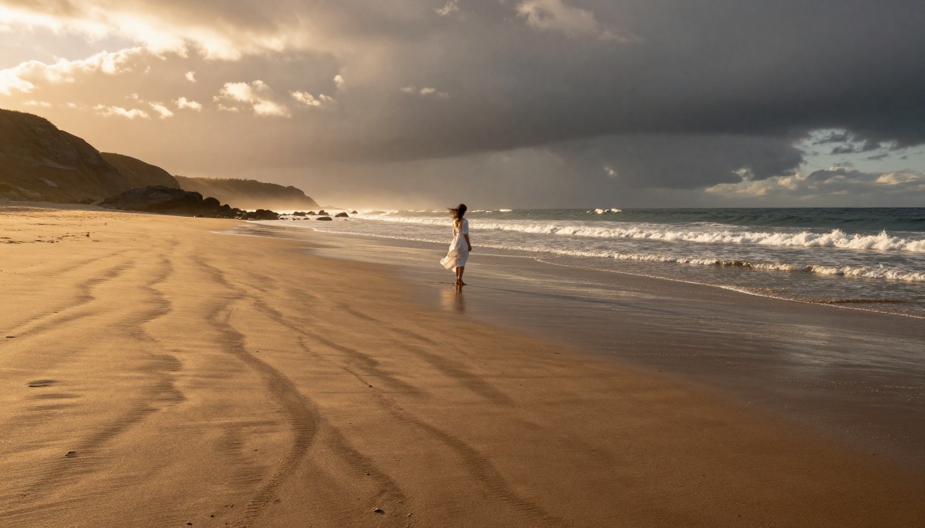Wild Atlantic beach at golden hour showing atmosphere, sand texture, and landscape detail