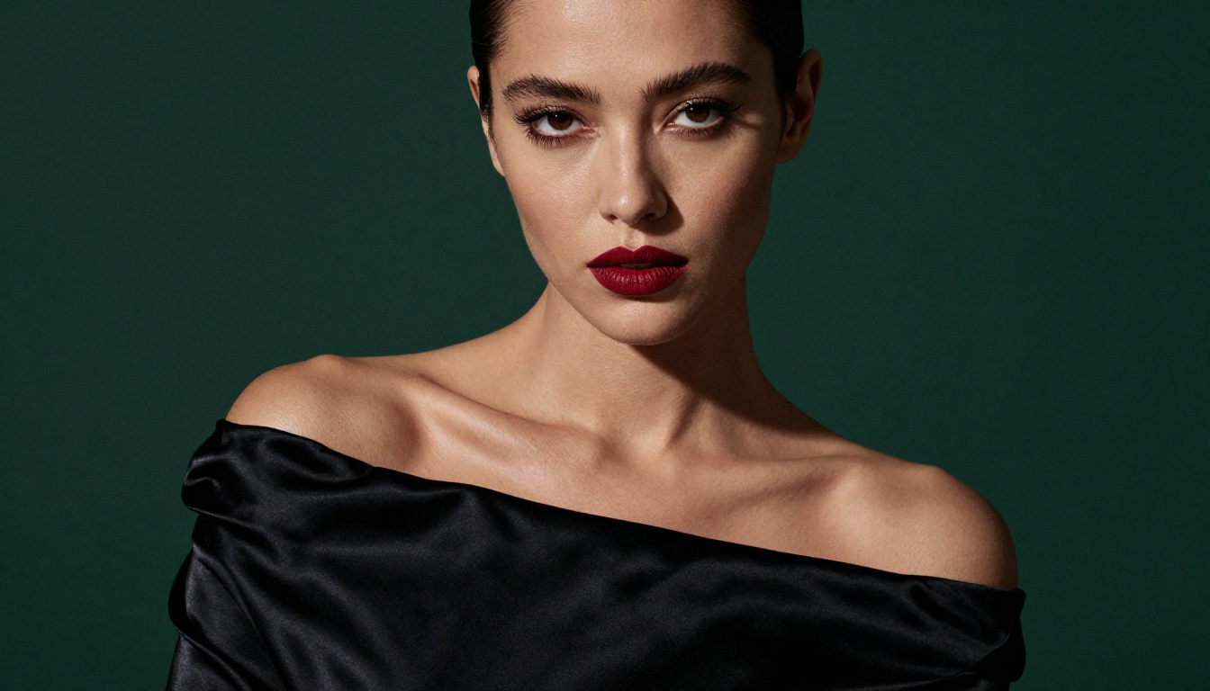 Editorial fashion portrait demonstrating studio lighting, silk texture, and skin detail
