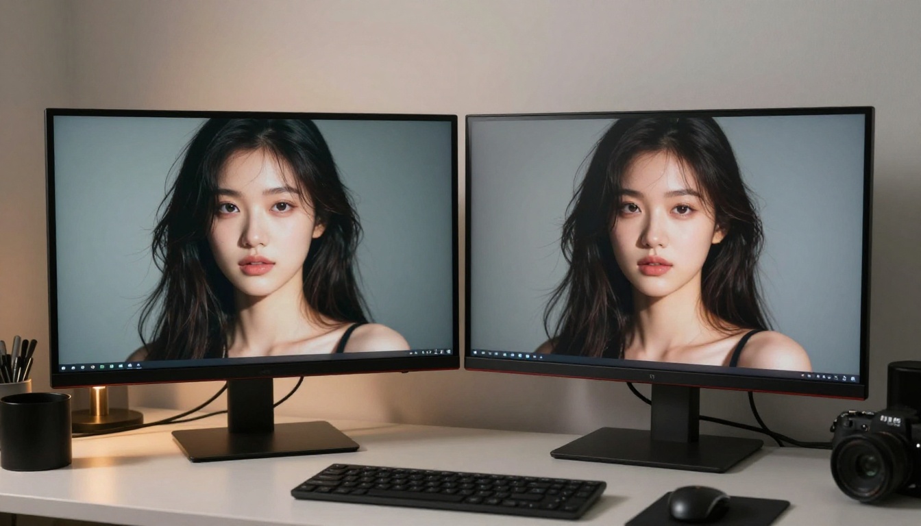 Professional monitor displaying two photorealistic AI-generated female portraits side by side for model comparison, clean white desk setup