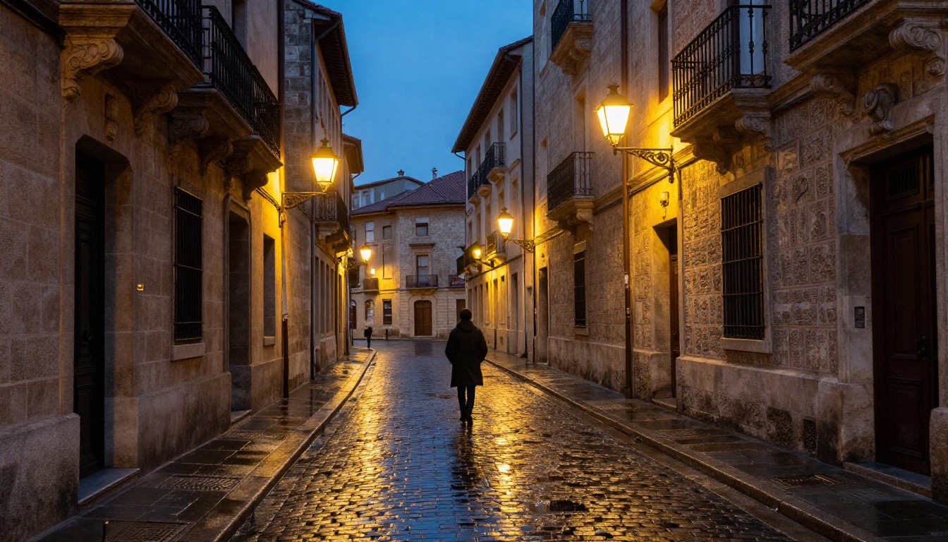 European cobblestone alley at blue hour showing architectural texture and street lamp reflections