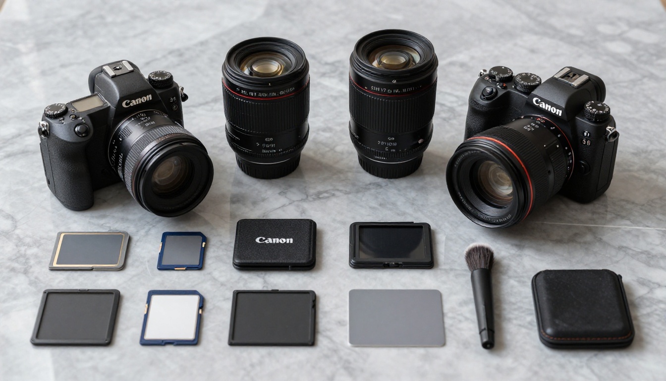 Professional camera equipment flat lay on marble surface showing product photography quality