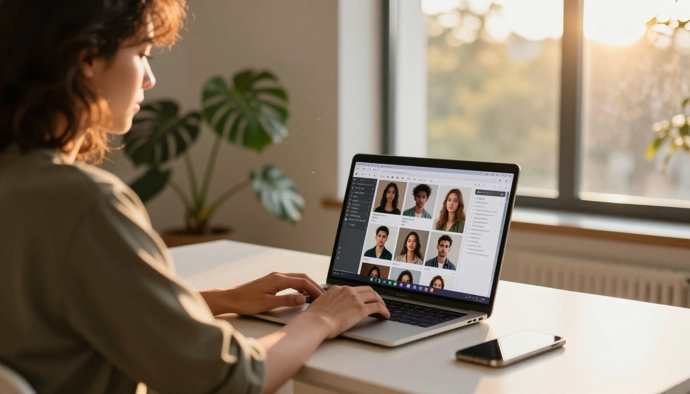 Person at laptop experimenting with AI image generation, warm golden light, creative studio atmosphere
