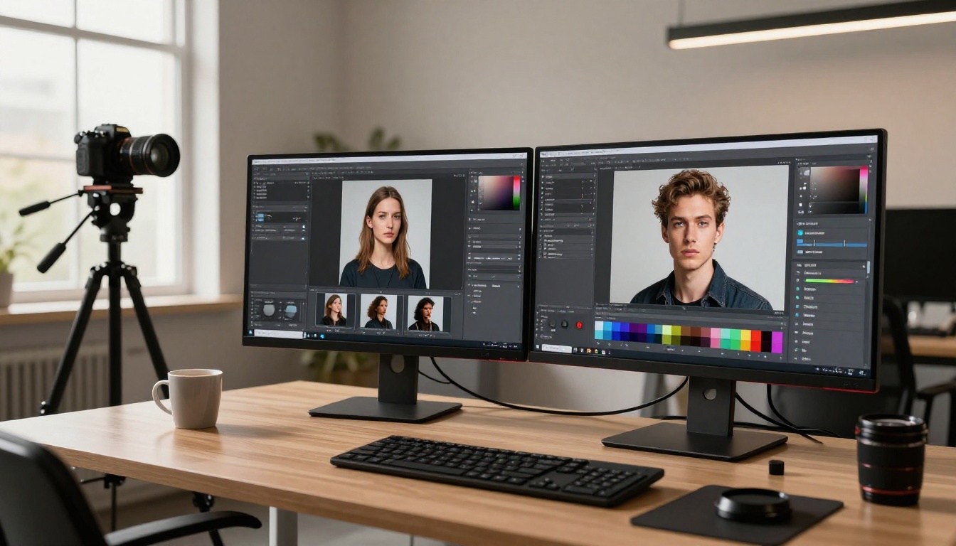AI creator workspace with dual monitors showing portrait generation