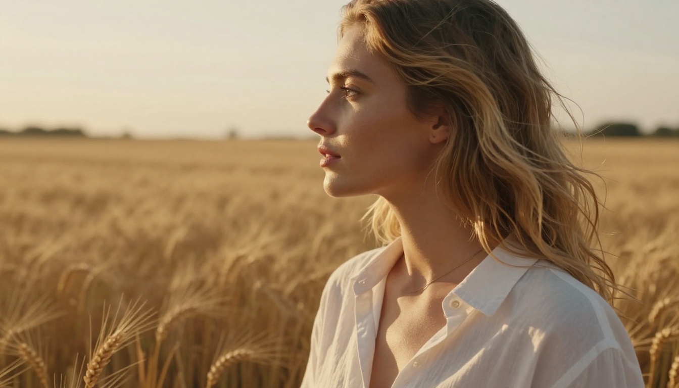 Side profile golden hour portrait of woman in wheat field