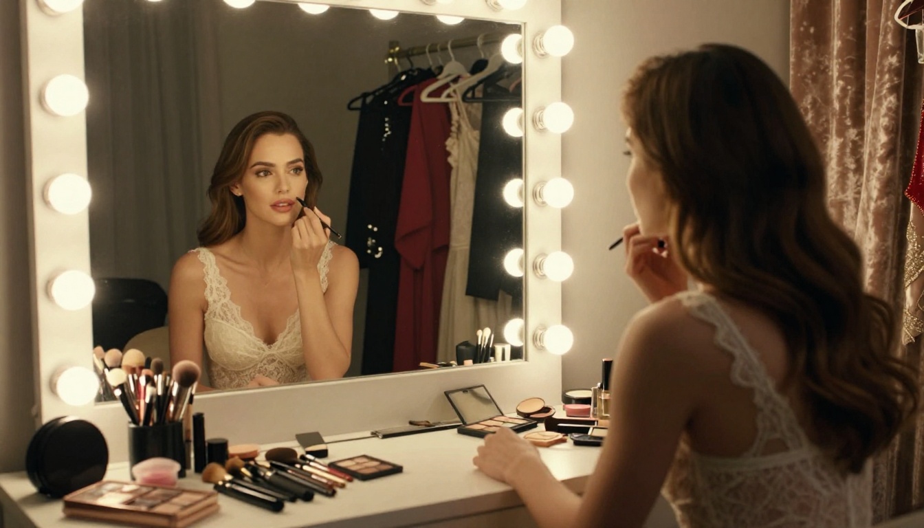 Woman at vanity mirror with Hollywood lights, backstage fashion photography
